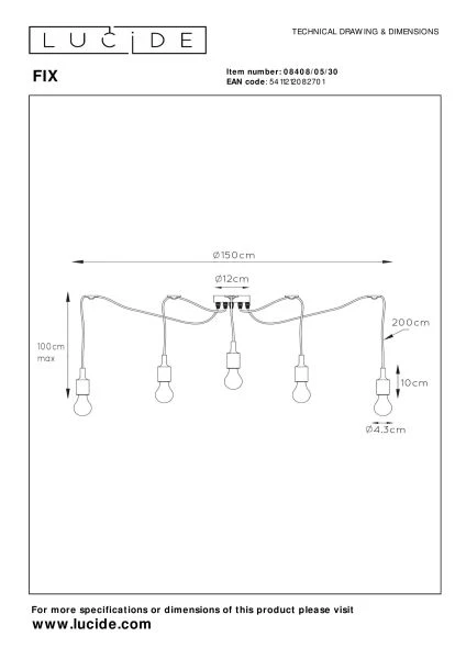 Lucide FIX - Hanglamp - 5xE27 - Zwart - technisch